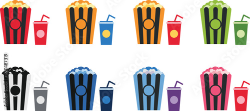 Popcorn and soda combo icon set colorful cinema snack buckets and drink cups vector illustration