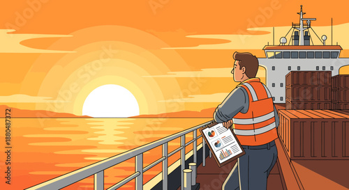 Man in Orange Safety Vest on Ship Deck.