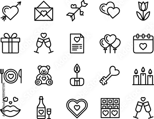 Valentine love icons, romantic outline elements, heart symbols, couple celebration, gift, date night, wedding, romance, kiss, proposal design