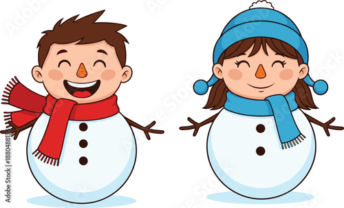 Cartoon snowman children, winter holiday illustration, festive snow characters, boy and girl snow figures, Christmas season, outdoor fun, playful, happy, cute