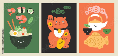 Asian food and culture posters, vertical banners. Minimal geometric japanese korean thai chinese cuisine, salmon rice ramen tom yum soup. Maneki neko, Japan cat. Traditional tea. Flat background.
