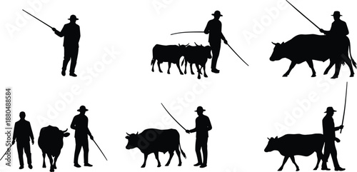 Farmer herding cattle silhouettes, livestock guidance illustration set, rural agriculture scene, farm animal care, black vector artwork, pastoral village design