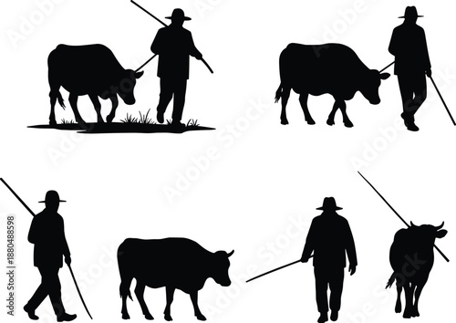 Farmer walking with cow silhouette, rural agriculture scene, traditional livestock herding, pastoral lifestyle, black vector icon, countryside illustration, farming culture