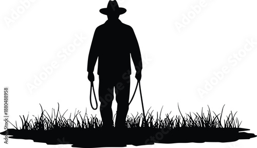 Farmer silhouette holding ropes on grass, rural agriculture scene, black vector illustration, farm worker design, village lifestyle, pastoral concept artwork