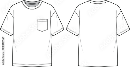 Short-sleeve t-shirt technical sketch, front back view, chest pocket seam detail fashion drawing, black line illustration