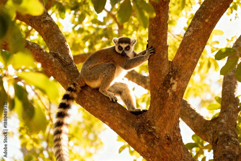 Naklejka premium A ring-tailed lemur perched on a tree branch in a sunlit forest