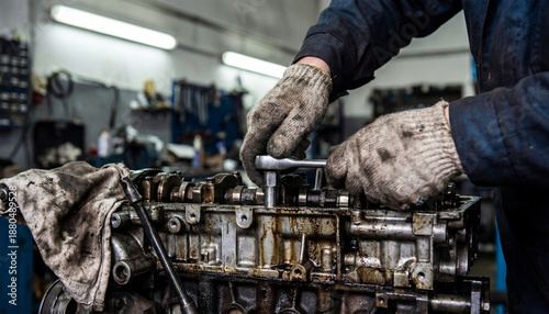 Experienced mechanic's gloved hands meticulously working on a disassembled engine block in a busy auto repair shop, demonstrating dedicated craftsmanship in vehicle maintenance and overhaul procedures