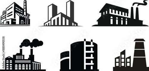 Industrial building factory icon set.Factory and industrial vector line icon.Industry power, chemical manufacturing building warehouse nuclear energy plant.Industrial building, factory and power plant