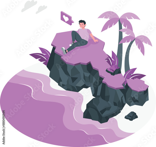 Relaxed person sitting on a rocky cliff surrounded by tropical plants and a serene landscape, enjoying a peaceful atmosphere and a beautiful viewpoint