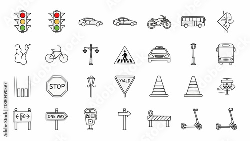 Collection of Hand Drawn Transportation and Traffic Symbols.
