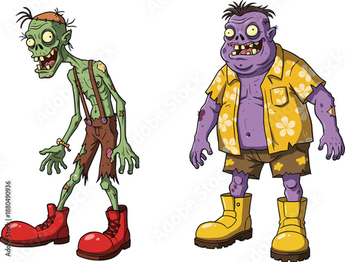Cartoon zombie characters, creepy undead duo, horror illustration, Halloween art, spooky monsters, green and purple zombies, funny scary design, tattered clothes