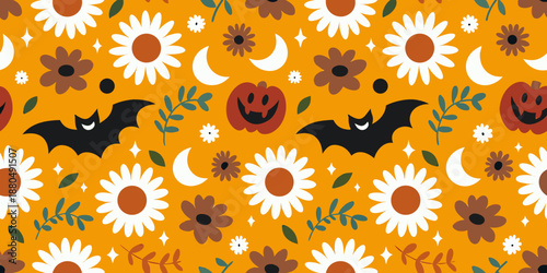 A festive halloween pattern featuring flowers bats pumpkins and crescent moons