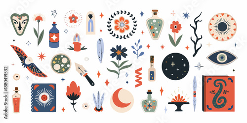 A collection of whimsical illustrated mystical objects and botanical elements