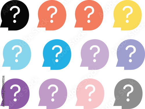 Colorful question mark head icons set in flat vector style for help support FAQ surveys and problem solving design projects