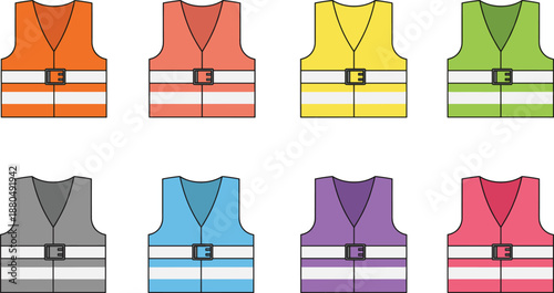 Colorful safety vest icons set in flat vector style for construction workers road safety equipment and industrial design projects