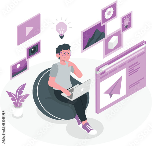 A man sits in a bean bag chair working on a laptop surrounded by multimedia icons and a potted plant in a modern workspace