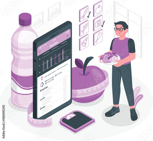 Man holding fruit near mobile devices and measuring tape in a modern room