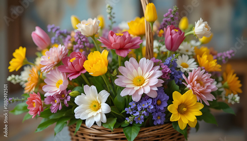 Wallpaper Mural Vibrant Bouquet of Freshly Picked Spring Flowers in a Wicker Basket, Featuring Bright Cheerful Colors Symbolizing Renewal and New Beginnings Torontodigital.ca