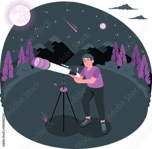 A person using a telescope to observe the night sky with stars and planets in a forest landscape