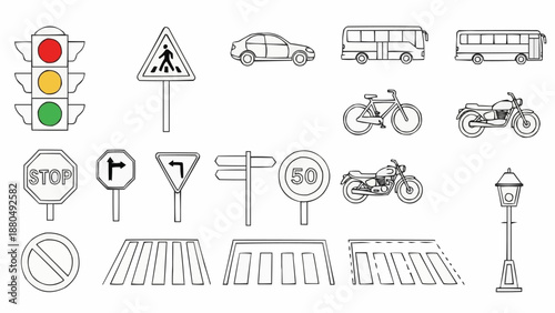 Collection of Traffic Signs and Vehicles Line Art.
