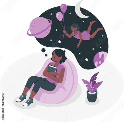 A young woman relaxes on a bean bag chair reading a book with a dream of floating in space