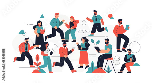 Diverse group of people using mobile devices and laptops