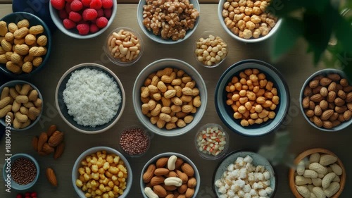 Variety of nuts and fruits arranged in bowls on a wooden table, ideal for a healthy snack or party platter