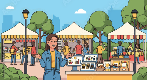 Woman enjoying food market with various stalls and people