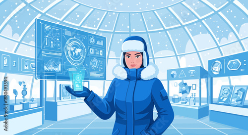 Woman in futuristic laboratory with digital interface