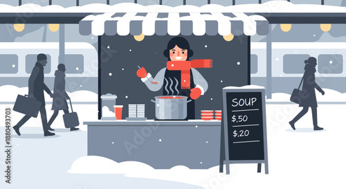 Woman selling soup on a snowy street corner