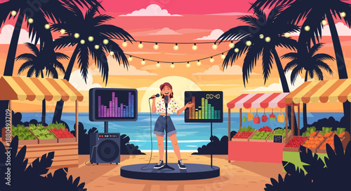 Woman Singing on a Tropical Beach Stage at Sunset