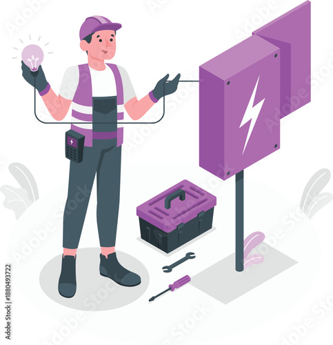 Electrician installing a purple electrical panel with a light bulb in hand near a toolbox