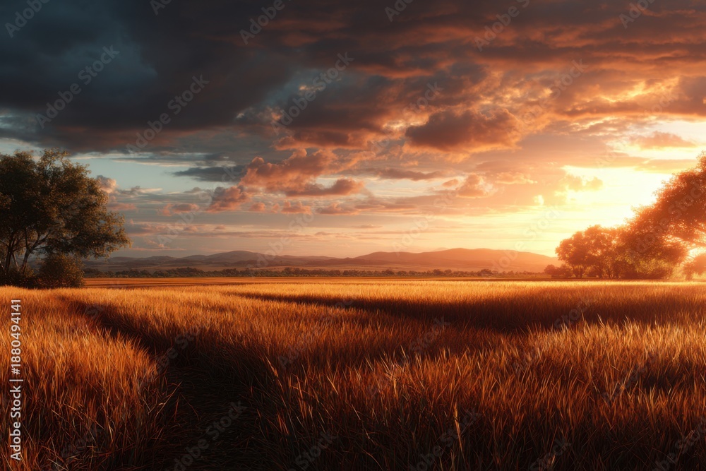 Fototapeta premium Golden autumn sunset over a tranquil field with vibrant clouds and distant mountains reflecting peaceful nature