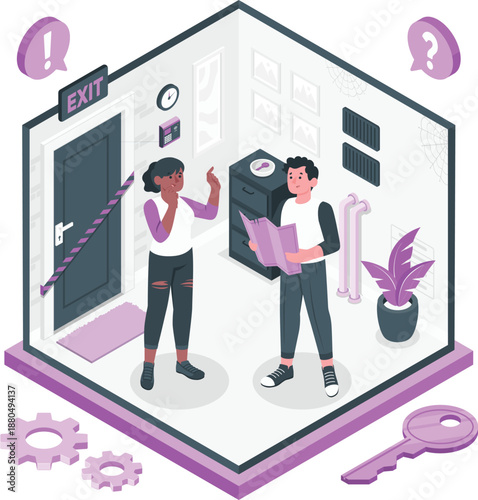 Two colleagues discussing documents in a modern office environment with exit sign and decor