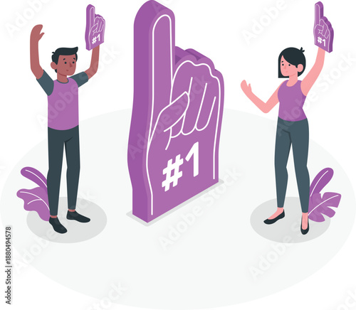 Man and woman celebrating with purple award and scorecards in a lively atmosphere