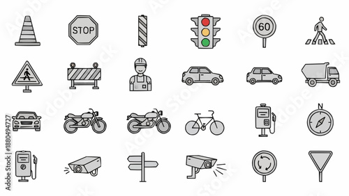 Collection of Hand Drawn Transportation and Traffic Symbols.