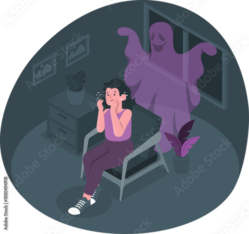A woman sitting on a chair, talking on phone, with a ghost standing behind her in a dimly lit room