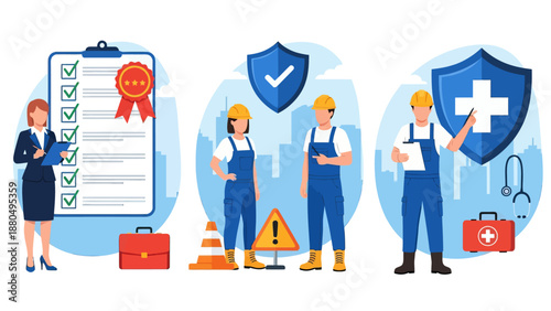 Working environment. Quality work, workplace safety, occupational health, employee performance, workplace assessment. set flat vector modern illustration