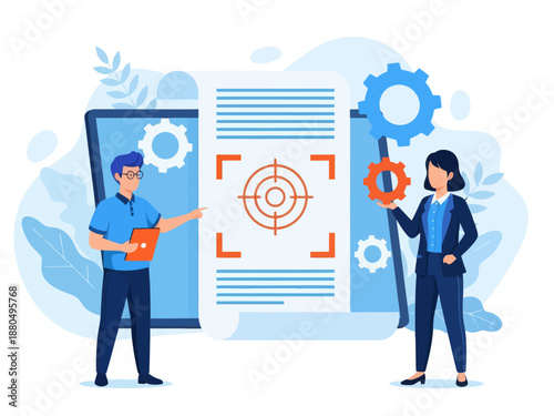 Tiny people project managers work on vision and scope document. Vision and scope document, project main plan, project management document concept. flat vector modern illustration 

