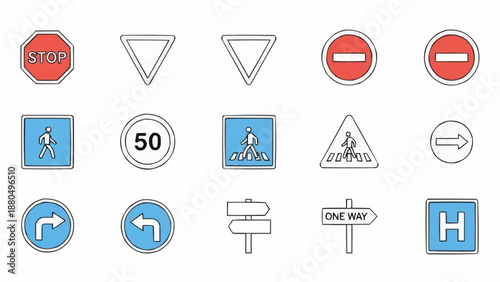 Collection of various traffic and road signs.