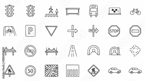 Collection of Hand Drawn Traffic and Road Signs Icons.