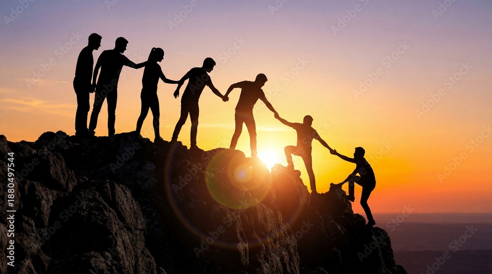 Fototapeta premium Teamwork support help success mountain sunset group working together rocky mountain, helping each other reach summit with