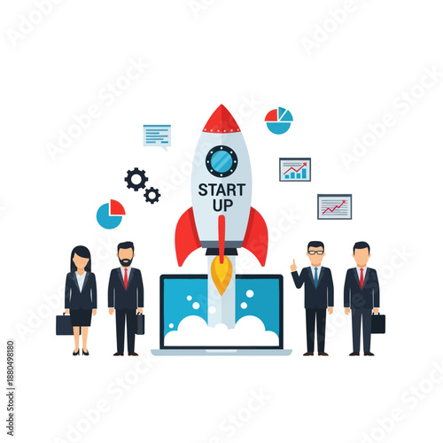 Startup Team Launching Business with Rocket.