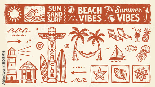 Vintage hand-drawn beach and travel icons with sun, waves, lighthouse, palm trees, sailboats, and tropical elements in retro style