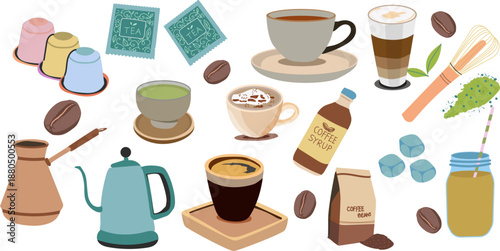 Flat pastel vector set of coffee and tea elements — cups, beans, kettle, syrups, matcha, capsules and accessories for cafe designs, menus, stickers, and social media.