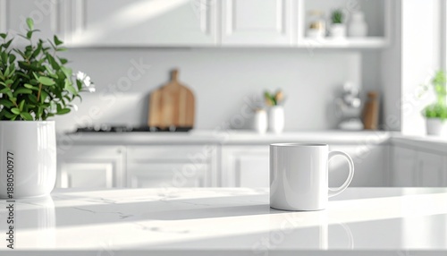 柔らかな自然光がカウンターに置かれたプレーンなマグを照らす。
初春らしい少し冷たい空気感と明るさのあるミニマルなキッチン。
生活の一場面を切り取った uncluttered な構図と余白。