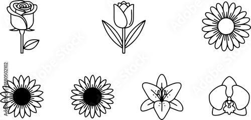 Flowers editable stroke outline icons set isolated flat vector illustration.
