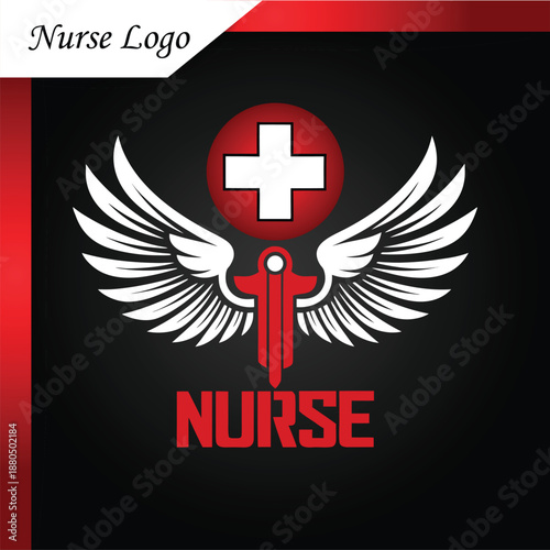 Nurse Logo Featuring a Caduceus with Wings and a Medical Cross Symbol on a Black Background