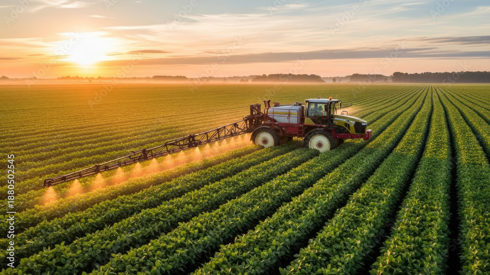 Fototapeta premium Tractor spraying crops in a vast green field at sunset 1.