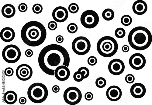 Retro style seamless polka dot pattern with solid and hollow black circles of varying sizes on white